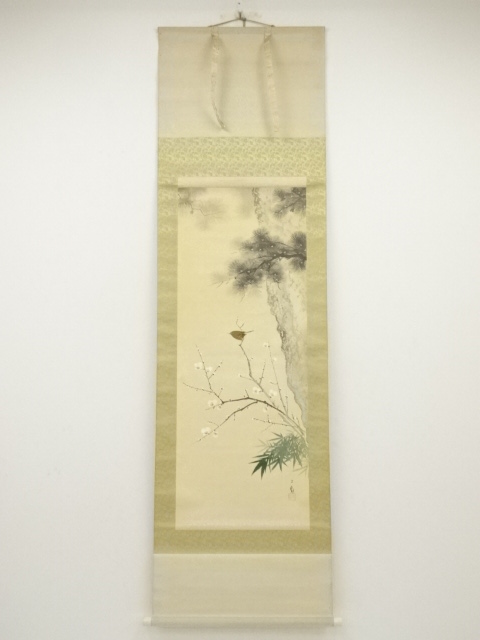 JAPANESE HANGING SCROLL / HAND PAINTED / UME & NIGHTINGALE